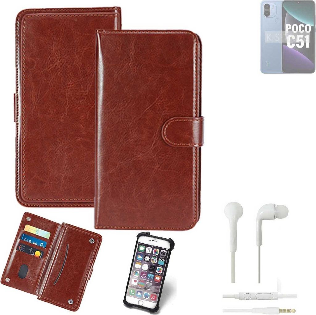 K-S-Trade 360° Hülle kompatibel mit POCO C51 inkl. Headphones braun Kunstleder Case BookCase WalletCase Kunstlederederhülle Handyhülle,