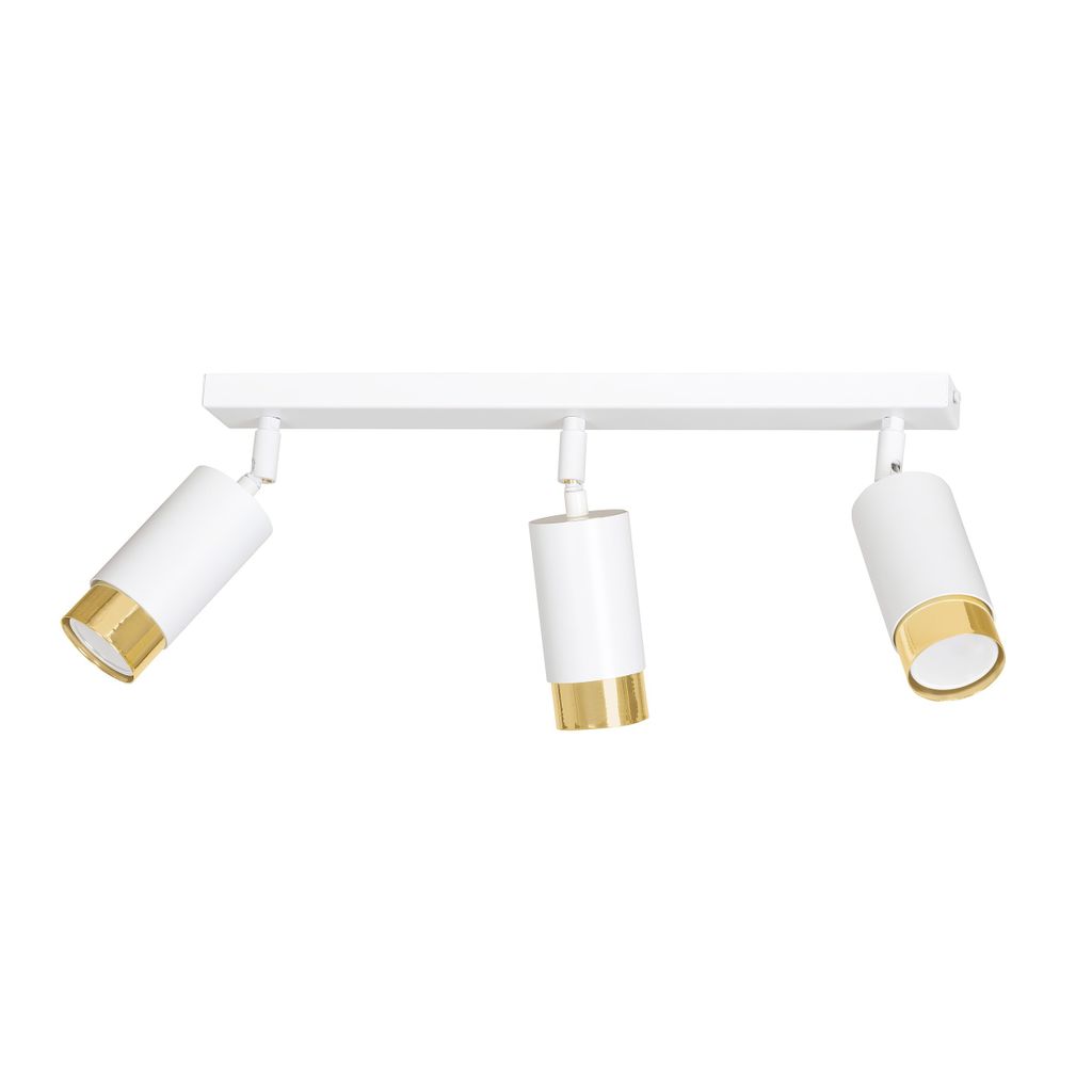 A white and gold three-light ceiling lamp on a white background.