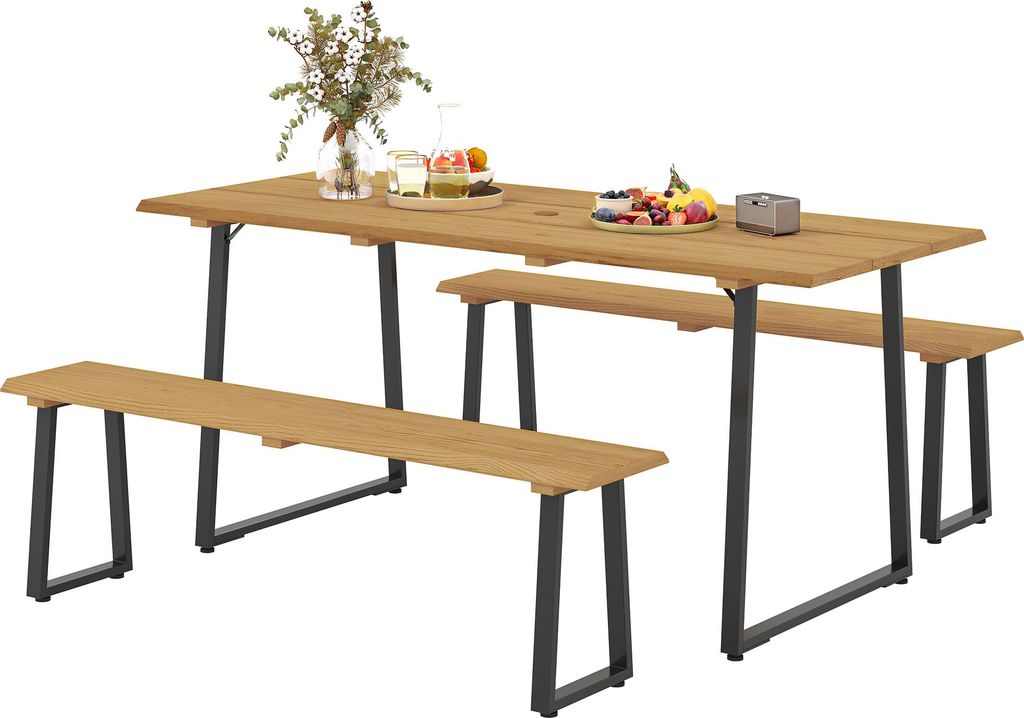 Sitzgruppe 3-teilig Holz Essgruppe für 6 Personen Esstisch mit 2 Bänke Schirmloch Holztisch 178 x 76 x 77 cm Naturholz