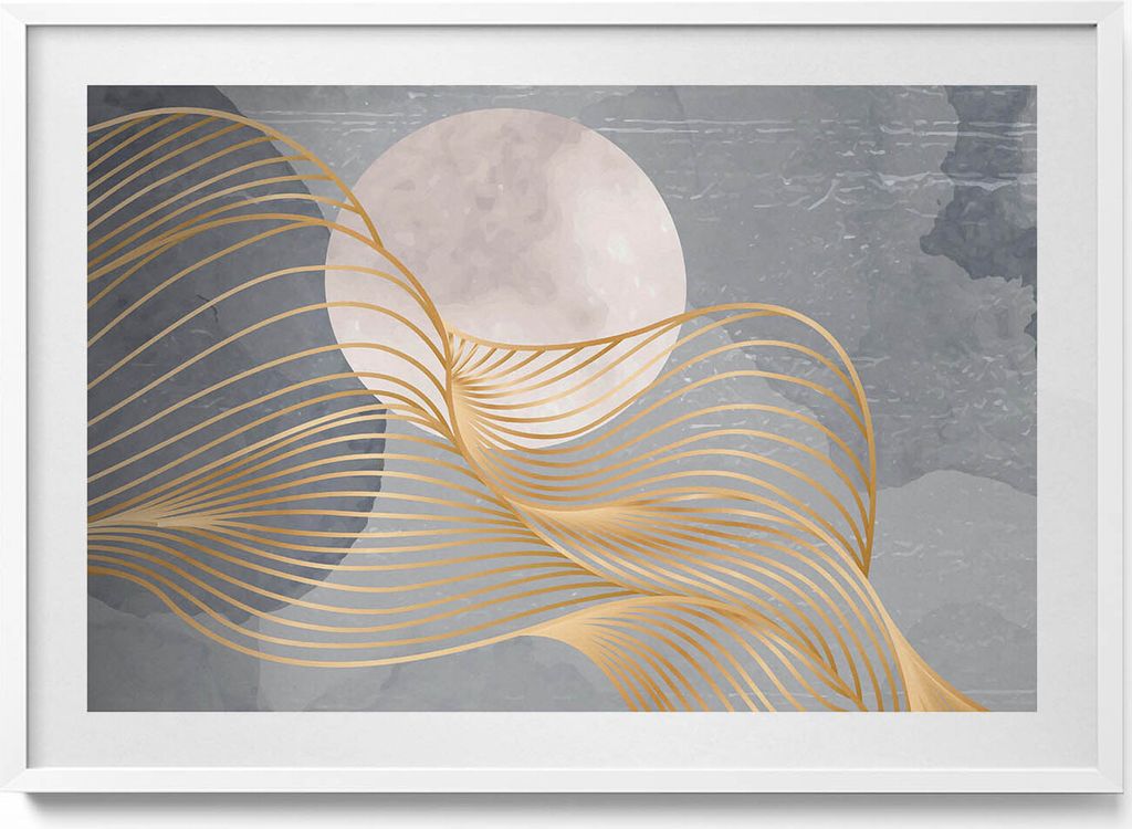 Abstrakte Illustration des Mondes mit Gold– Wandbild mit Rahmen – Gerahmtes Bild – Wanddekoration – 100x70 cm – Weiß Rahmen