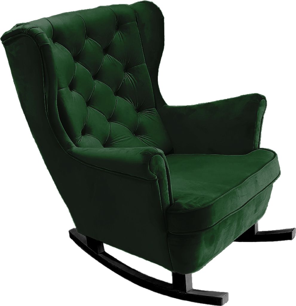 A green rocking chair with a tufted backrest and armrests, shown from a three-quarter angle against a white background.