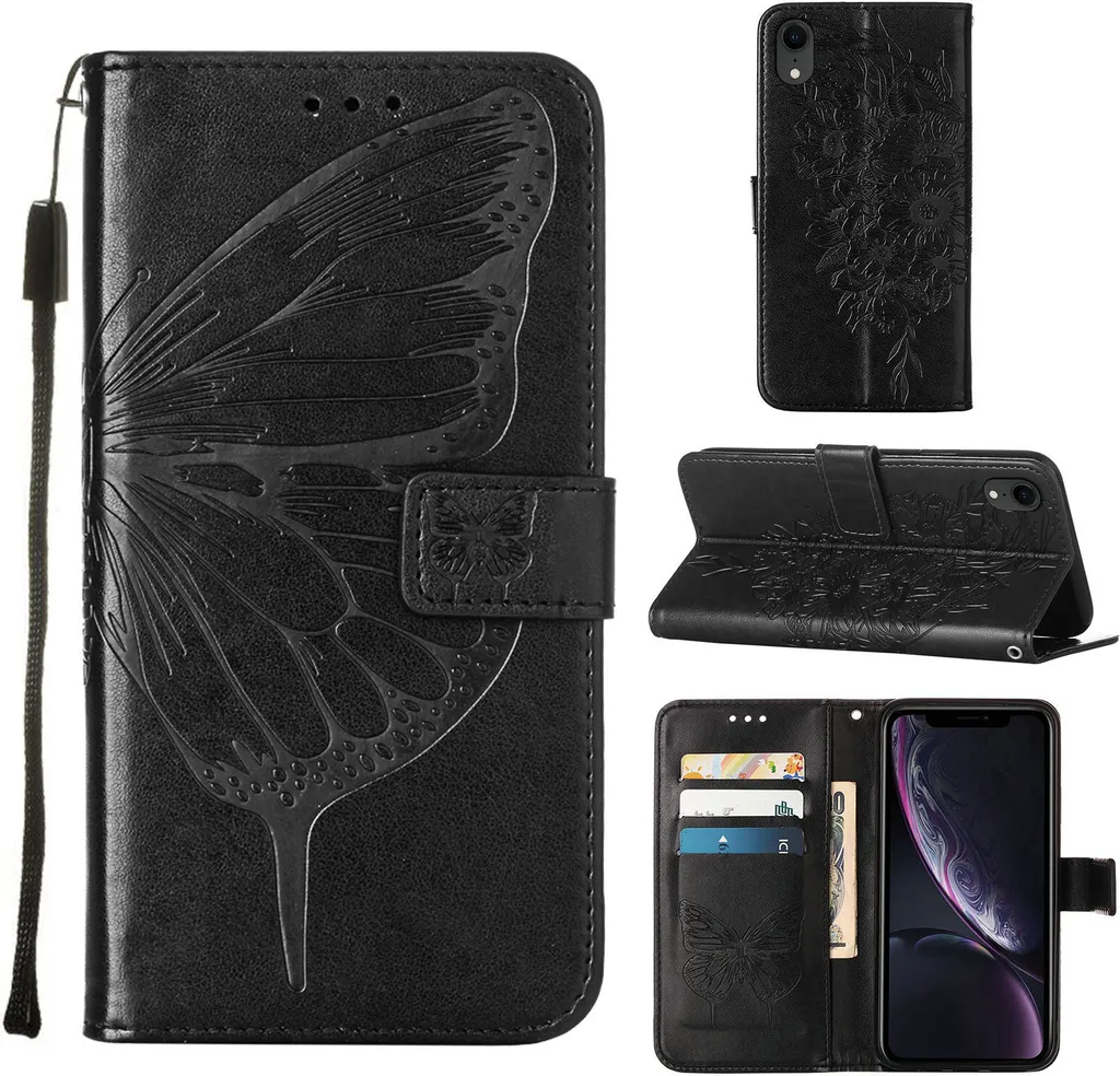 custodia iPhone XR, Butterfly Relief Flip Custodia in pelle con slot per schede e supporto per iPhone XR nero