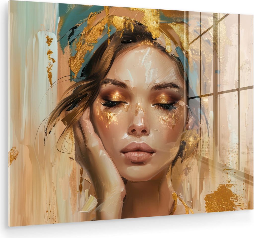 MuchoWow Glasbilder - Bilder auf Wandbild - Foto auf Glas Frauen - Porträt - Luxus - Gold 80x60 cm Wanddekoration aus Glas - Acrylglasbild - Acryl...