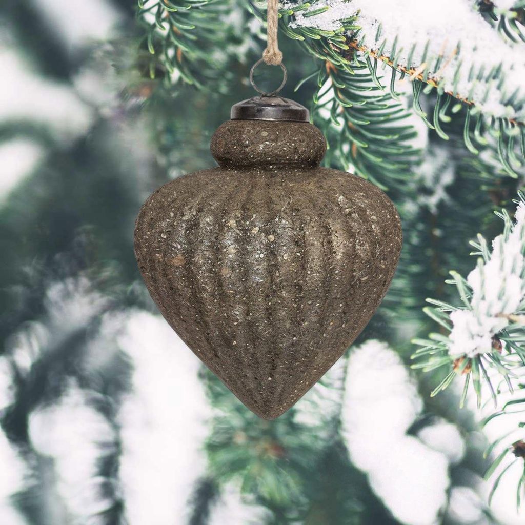 Weihnachtskugel Herz Glas, grau strukturiert - handgemacht in Indien, H.17cm