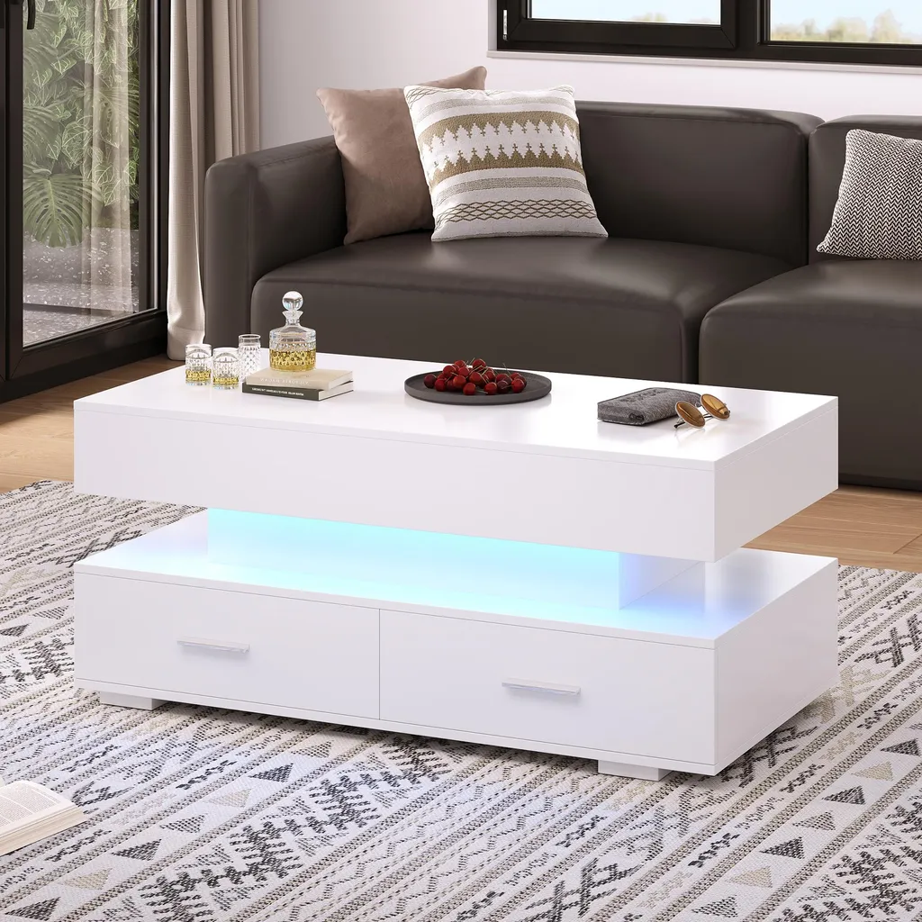 OKWISH Table Basse Relevable Blanc Laqué avec LED Bluetooth et 2 Tiroirs - 3