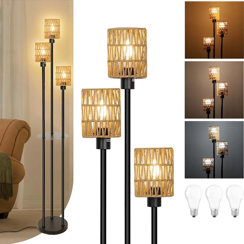 Lampadaire 3 abat-jours rotin et étagère intégrée - LED 3 intensités
