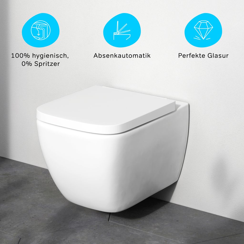 A white wall-mounted toilet with three blue circular icons and text above it, highlighting product features.