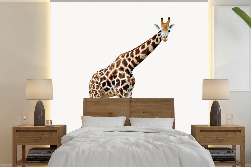 MuchoWow Fototapete für Wohnzimmer oder Schlafzimmer Wandtapete Vinyl Motivtapete Tier - Giraffe - Weiß - 350x350 cm - Schlafzimmertapete