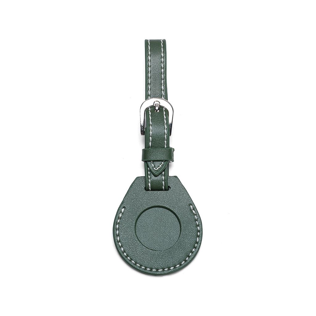 A dark green leather luggage tag with a silver buckle and strap, shown against a white background.