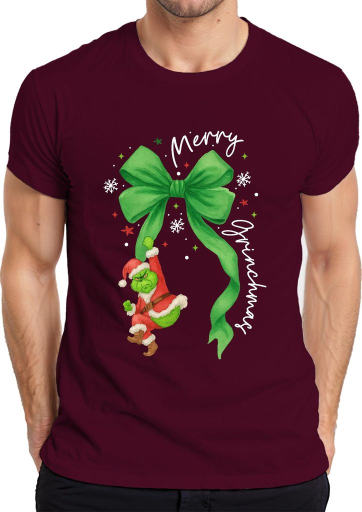 Merry Grinchmas Grinch Weihnachtsmann an grüner Schleife Christmas Herren T-Shirt, Burgundy, M