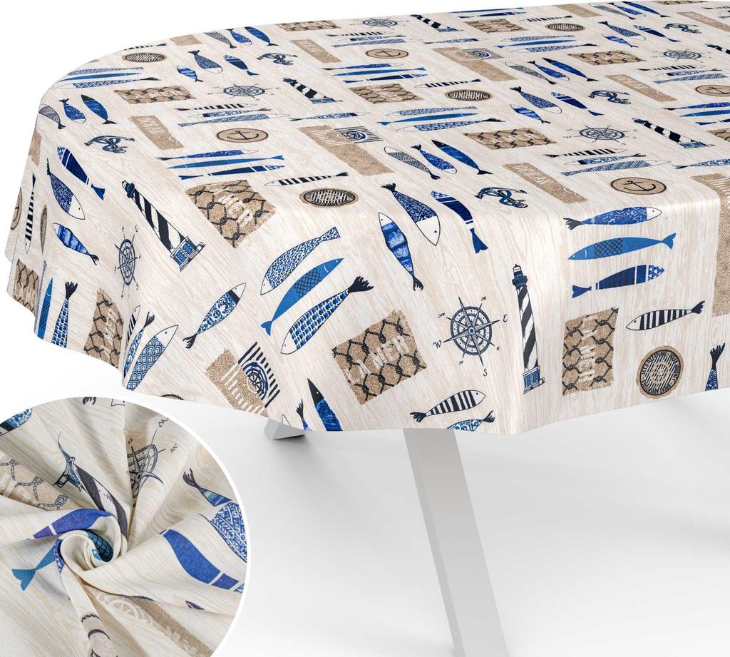 Tischdecke Maritim aus Textil mit Exclusiven Motiven wasserabweisend Tischtuch Tischwäsche Aquarell Blau Oval Breite 140cm Länge 160cm mit Schnit...