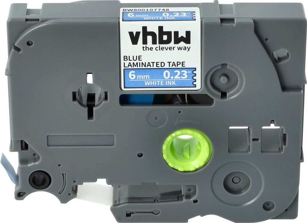 vhbw Schriftband-Kassette kompatibel mit Brother PT 1000, 1230PC, 1200P, 1200, 1090, 1080, 1010, 1000-Serie Etiketten-Drucker 8m x 6mm Weiß auf Blau