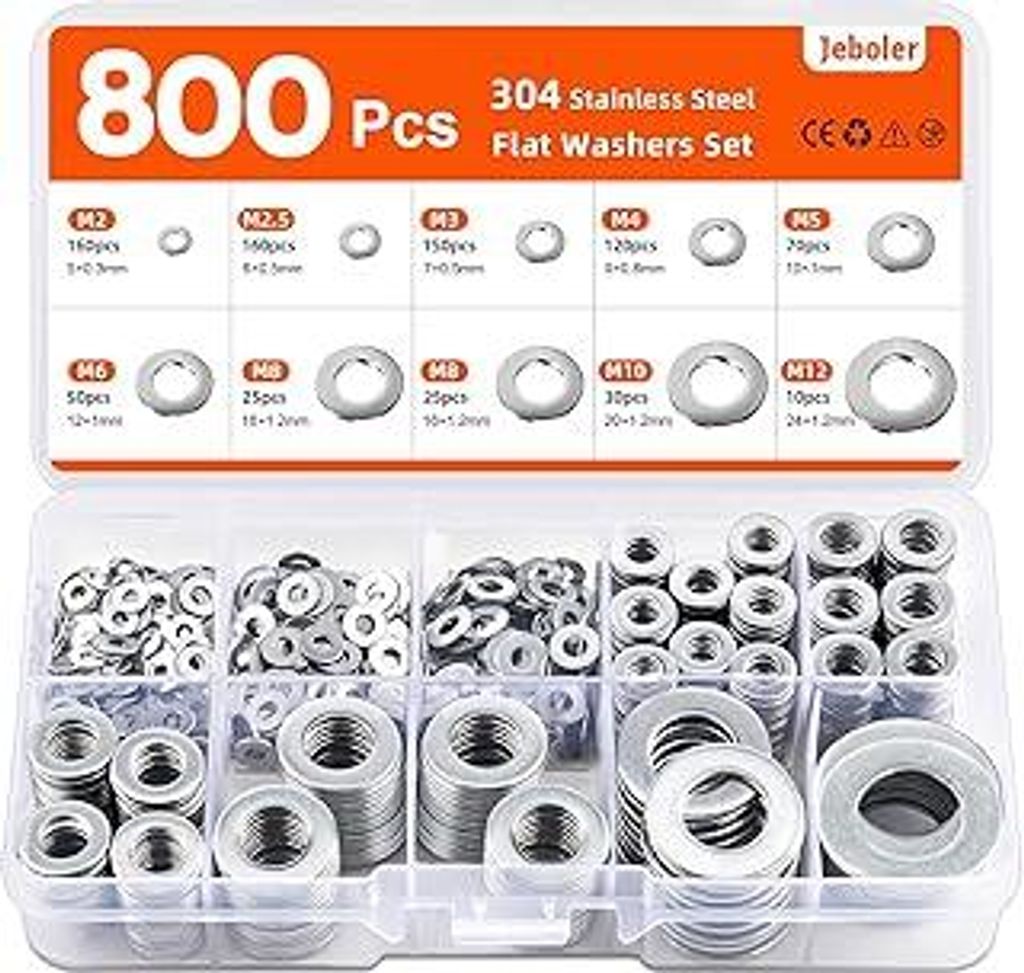 Jeboler Unterlegscheiben Set, 800 Stück Flach Unterlegscheiben Edelstahl A2 V2A Beilagscheiben Sortiment für Schrauben, Bolzen M2 M2,5 M3 M4 M5 M...