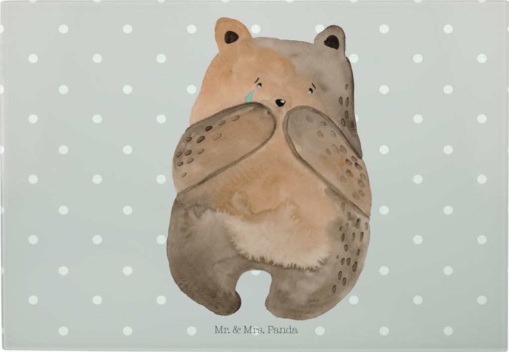 Mr. & Mrs. Panda Servierplatte Bär Verlust - Grau Pastell - Geschenk, Schneidplatte, Schneidebrett, Hackbrett, Küchenbrett, Glas, Teddy
