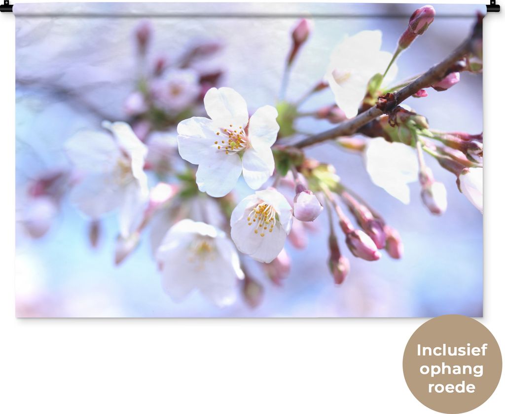 MuchoWow Wandteppich Wandbehang Blumen - Sakura - Zweig - Blütendolden 150x100 cm Tapisserie Dekoration Wandtuch - Waschbar - Tapisserien - Wand...