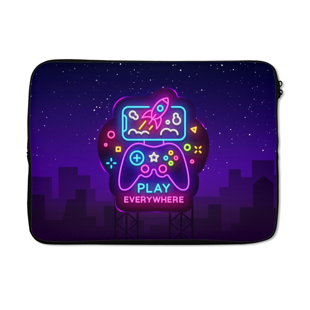 MuchoWow Laptop Hülle 13 Zoll Gaming - Neon - Spielen - Blau - Nacht - Controller Laptoptasche - Laptophülle - Sleeve - Rundumschutz - Coole Sc...