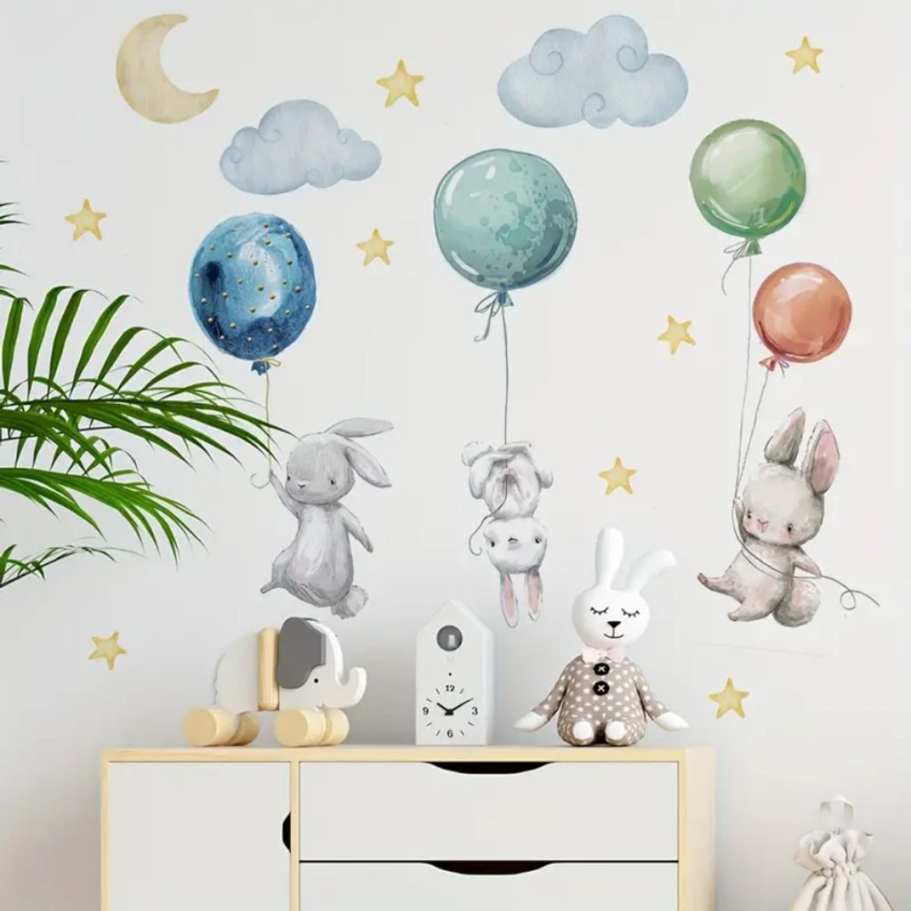 Süße Hasen und Ballon Wandsticker Abnehmbare PVC Sticker für Schlafzimmerdeko