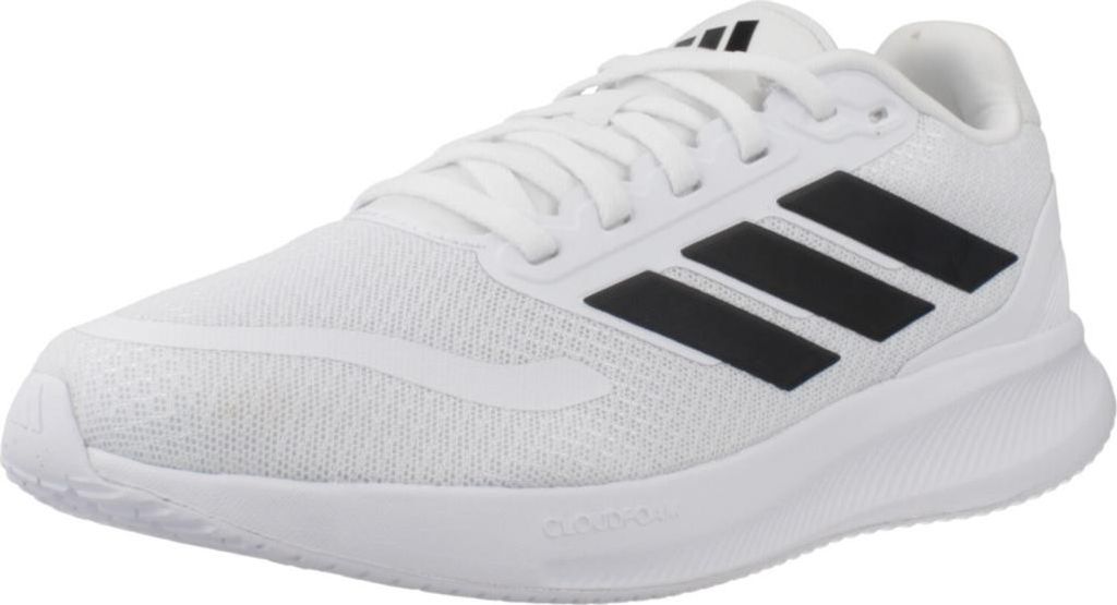 A white Adidas running shoe with black stripes is shown from a side angle against a white background.