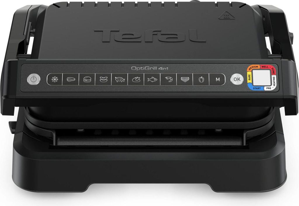 A black Tefal OptiGrill 4-in-1 contact grill is shown from the front.