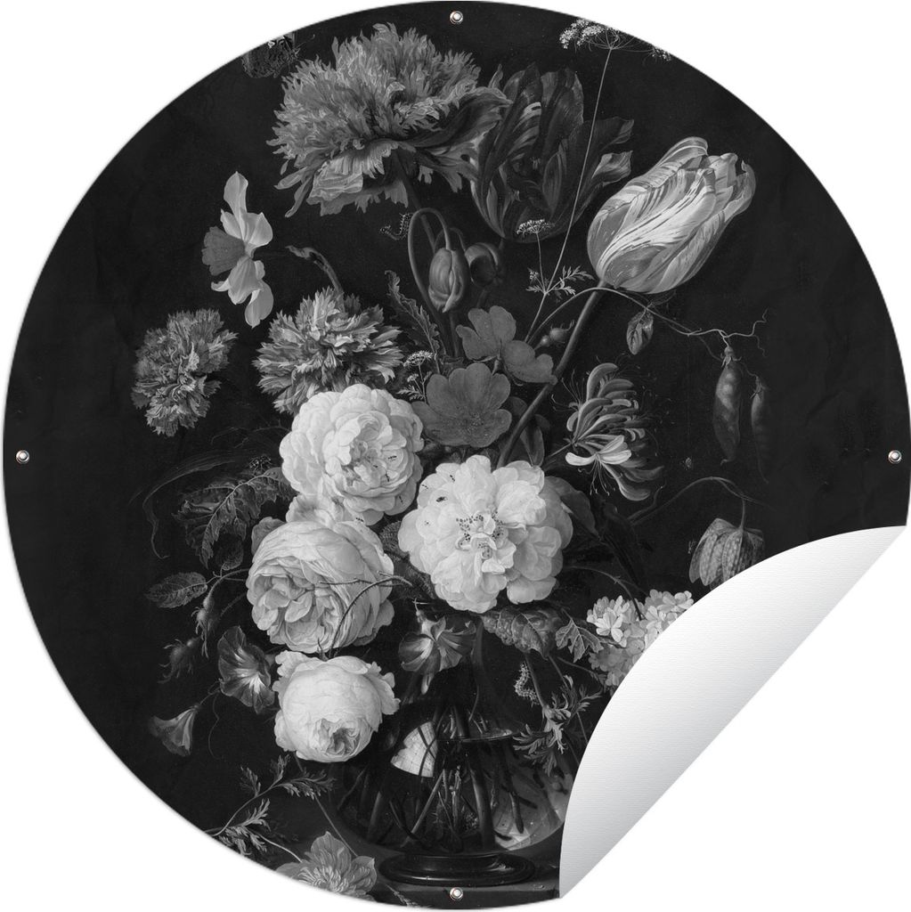 MuchoWow Gartenposter Outdoor-Poster Rund Stilleben mit Blumen in einer Glasvase - Gemälde von Jan Davidsz. de Heem - schwarz und weiß Ø 150 c...