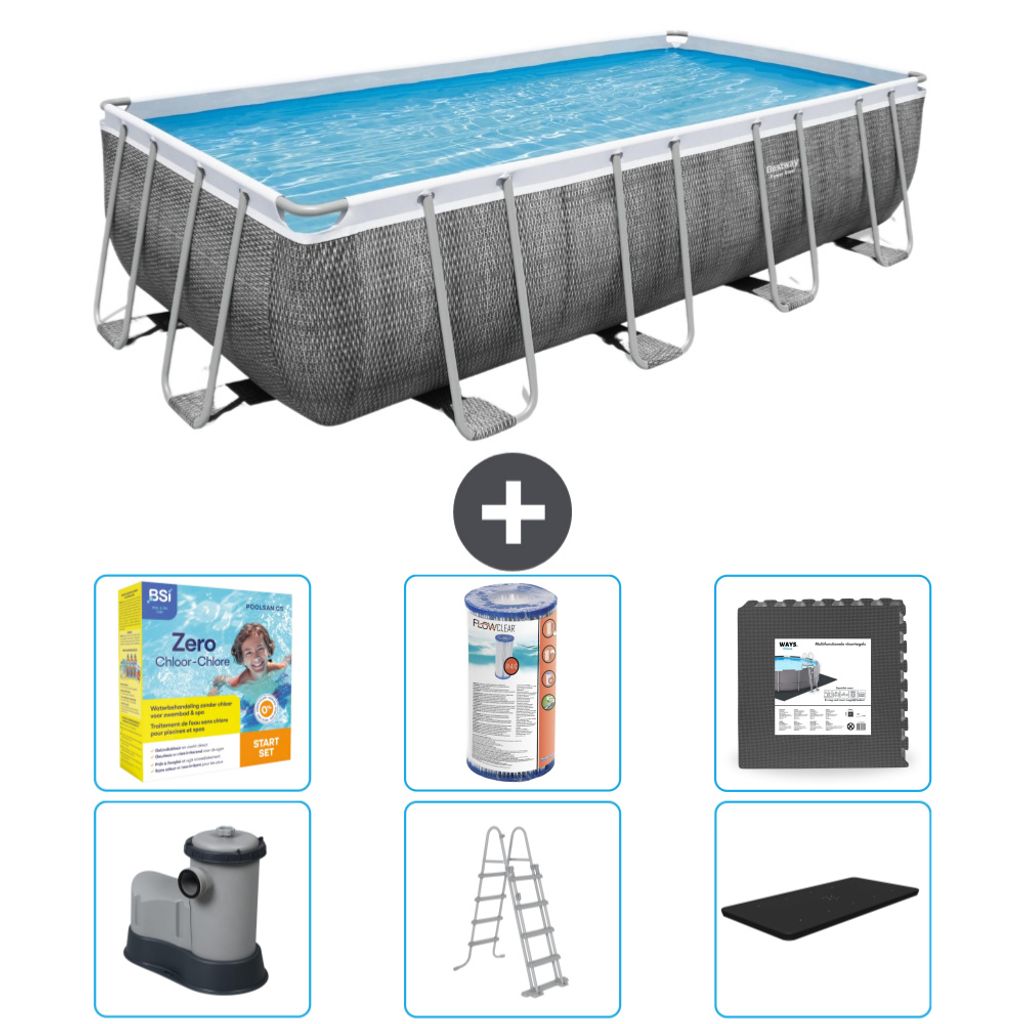 Bestway rechteckiges Power Steel-Schwimmbecken – Rattan-Druck – 549 x 274 x 122 – inklusive Pumpe – Leiter – Abdeckung Wartungspaket - Fi...
