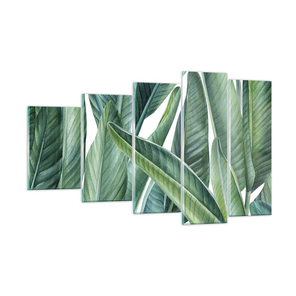 Bilder auf glas - 5 Teile - Exotisch Blätter Grün - 100x60cm - Glasbilder - Wandbilder - Bilder - zum Aufhängen bereit - Wanddekoration aus Glas...