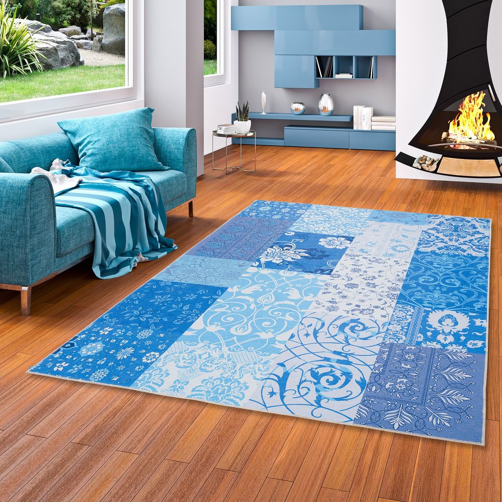 Luxus Vintage Designerteppich Patchwork Blau, Größe:130x190 cm
