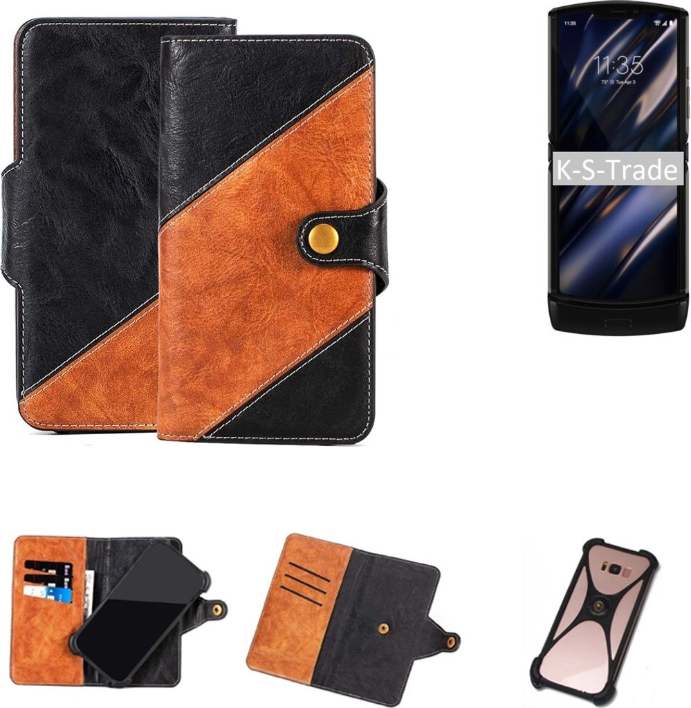 K-S-Trade Handyhülle Schutzhülle Bookstyle Case Wallet-Case kompatibel mit Motorola Razr (2019) Handy Cover Bumper Klapphülle schwarz hellbraun 1x
