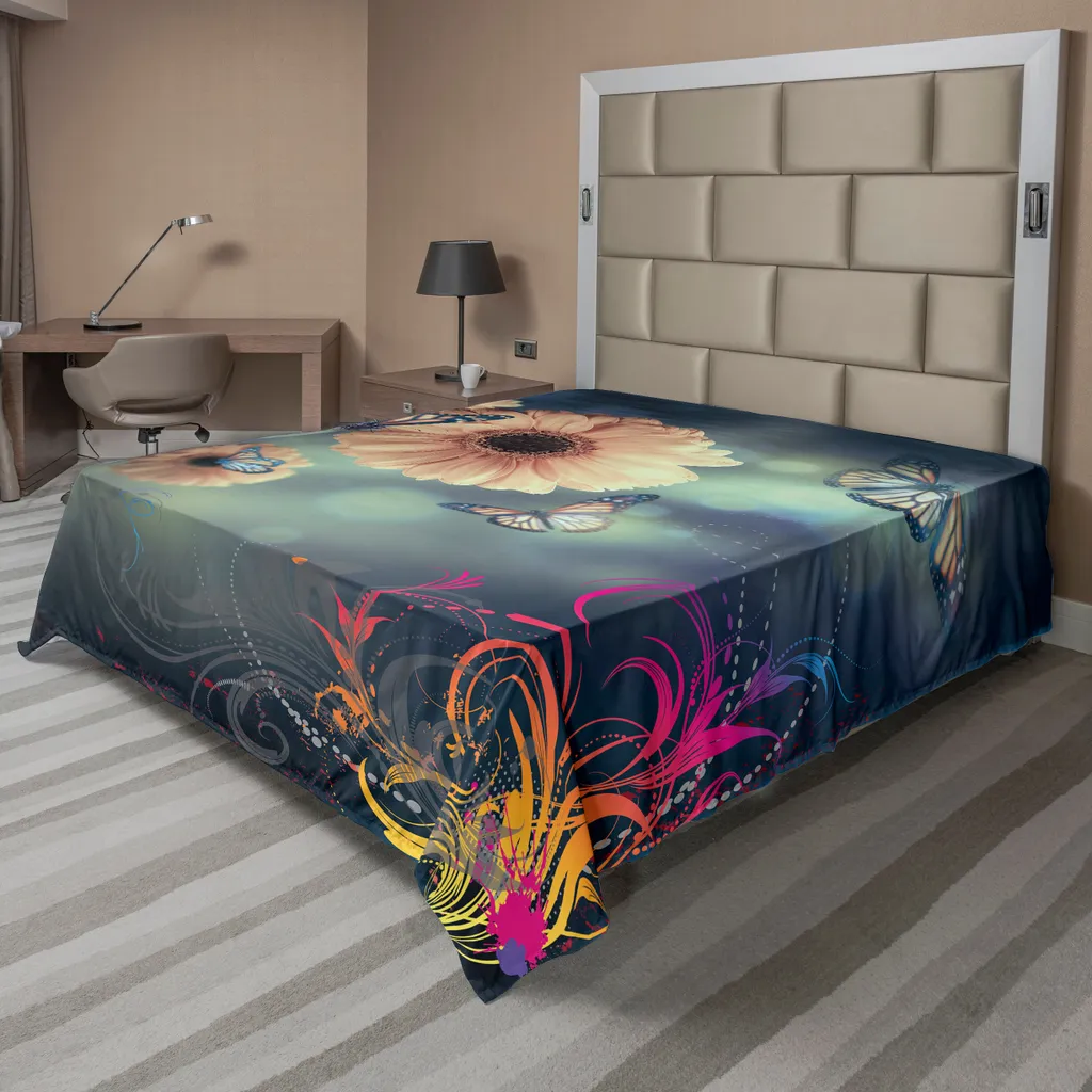Drap plat pour lit King Size bleu décor fleurs de printemps 266x260cm