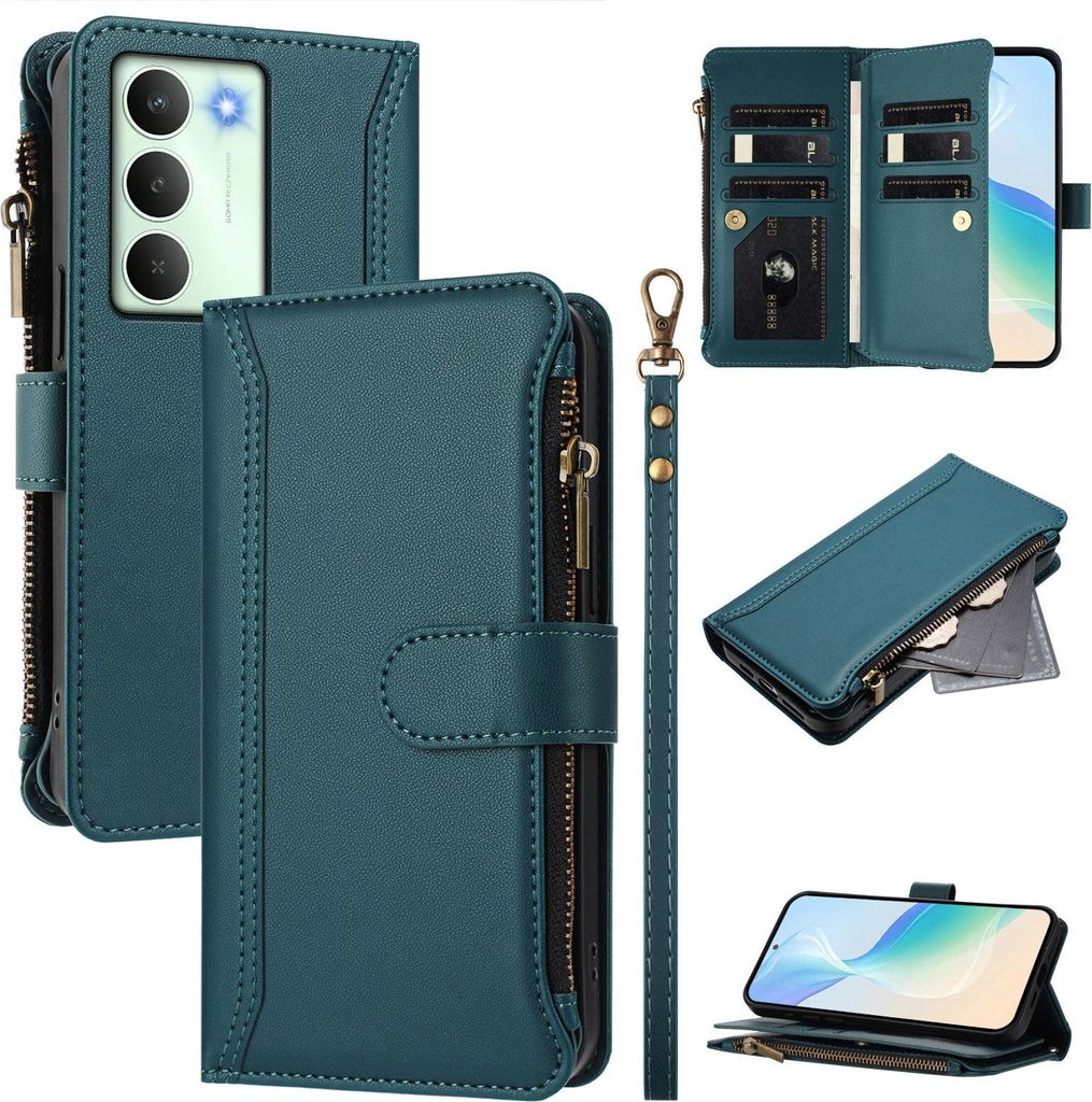 Handyhülle für Realme 14x Reißverschluss Geldbörse Kunstleder Klapphülle mit Kartensteckplatz, Ständer, Handschlaufe Grün