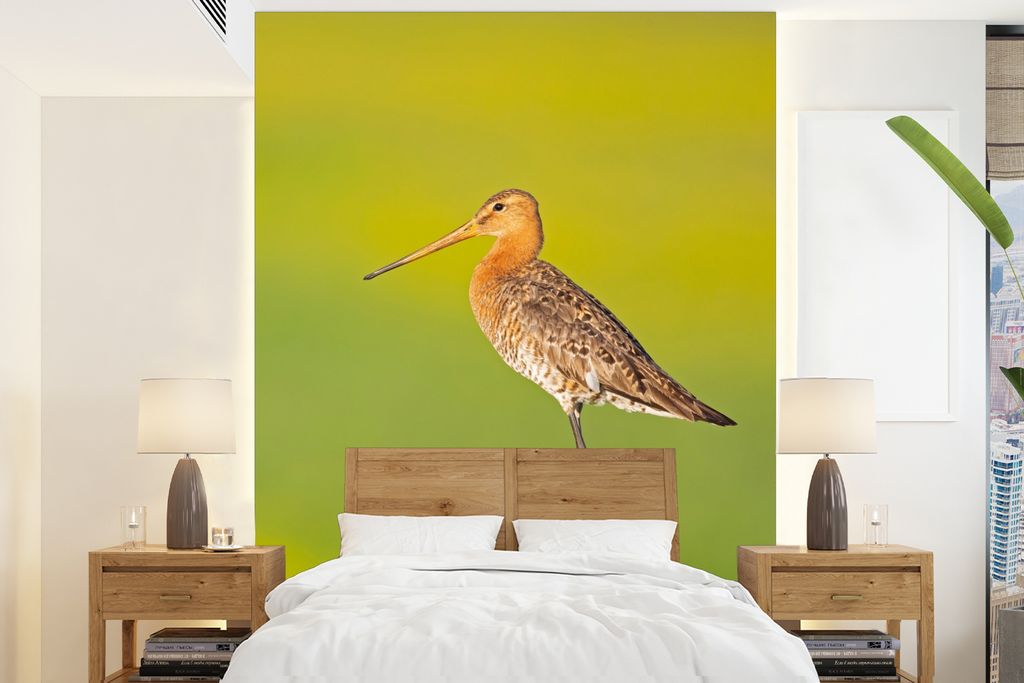 MuchoWow Fototapete für Wohnzimmer oder Schlafzimmer Wandtapete Vinyl Motivtapete Vogel - Tiere - Uferschnepfe - Pfahl - Grün - 175x240 cm - Sc...