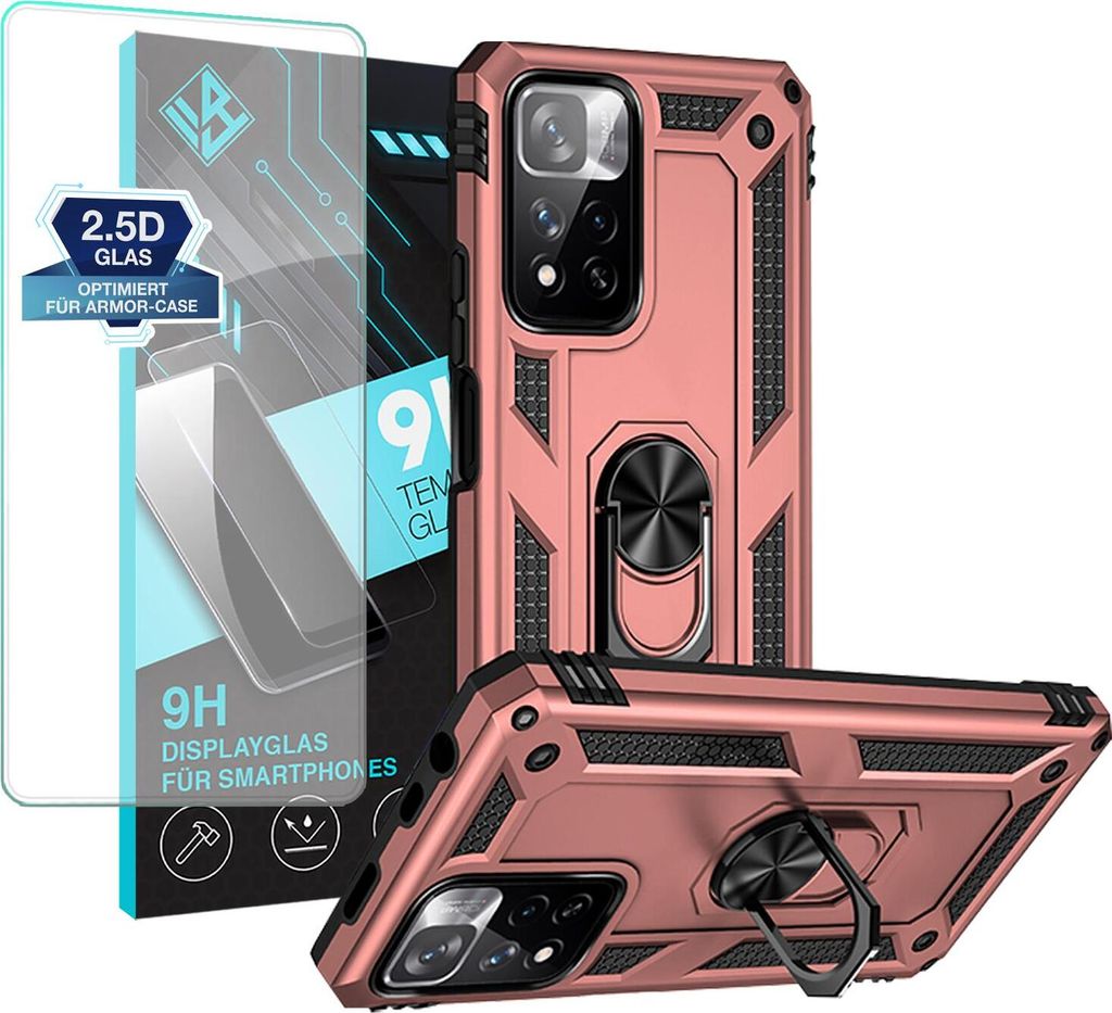 Armor Outdoor Handyhülle für Xiaomi Redmi Note 11 Pro Handy Panzer Case Schutzhülle mit 9H Displayglas Displayschutz Farbe: Rosegold