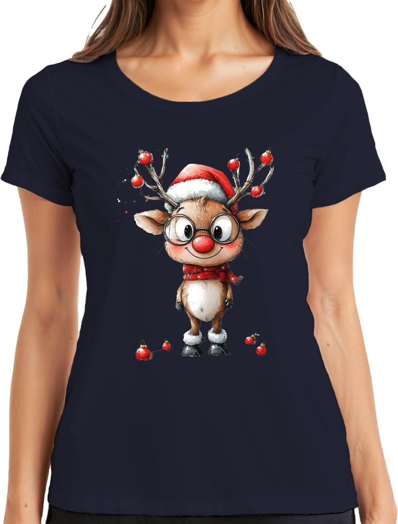 Lustiges Rentier Rudolf mit Brille rote Nase Weihnachten Geschenk Damen T-Shirt, Navy, XXL