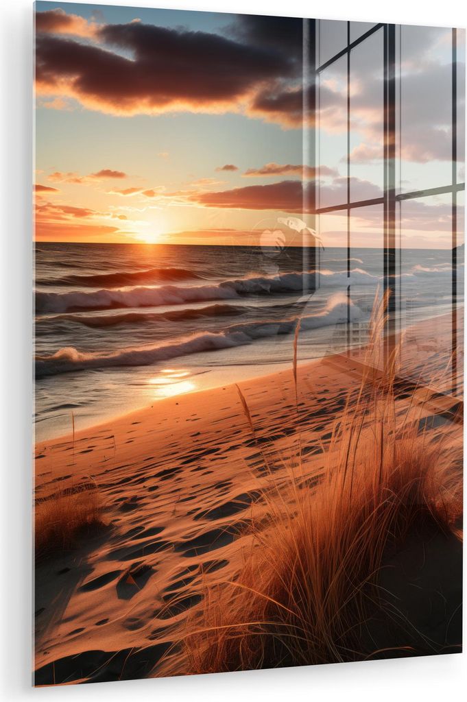 MuchoWow Glasbilder - Bilder auf Wandbild - Foto auf Glas Strand - Sonnenuntergang - Dünen - Meer - Hochgras 60x80 cm Wanddekoration aus Glas - Ac...