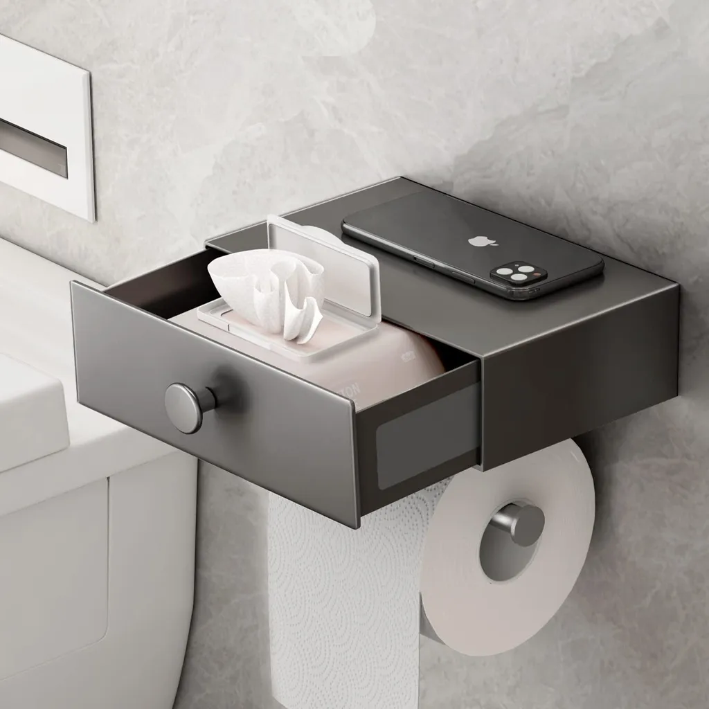 Porte-papier WC sans trou mural avec boîte de rangement lingettes et tiroir