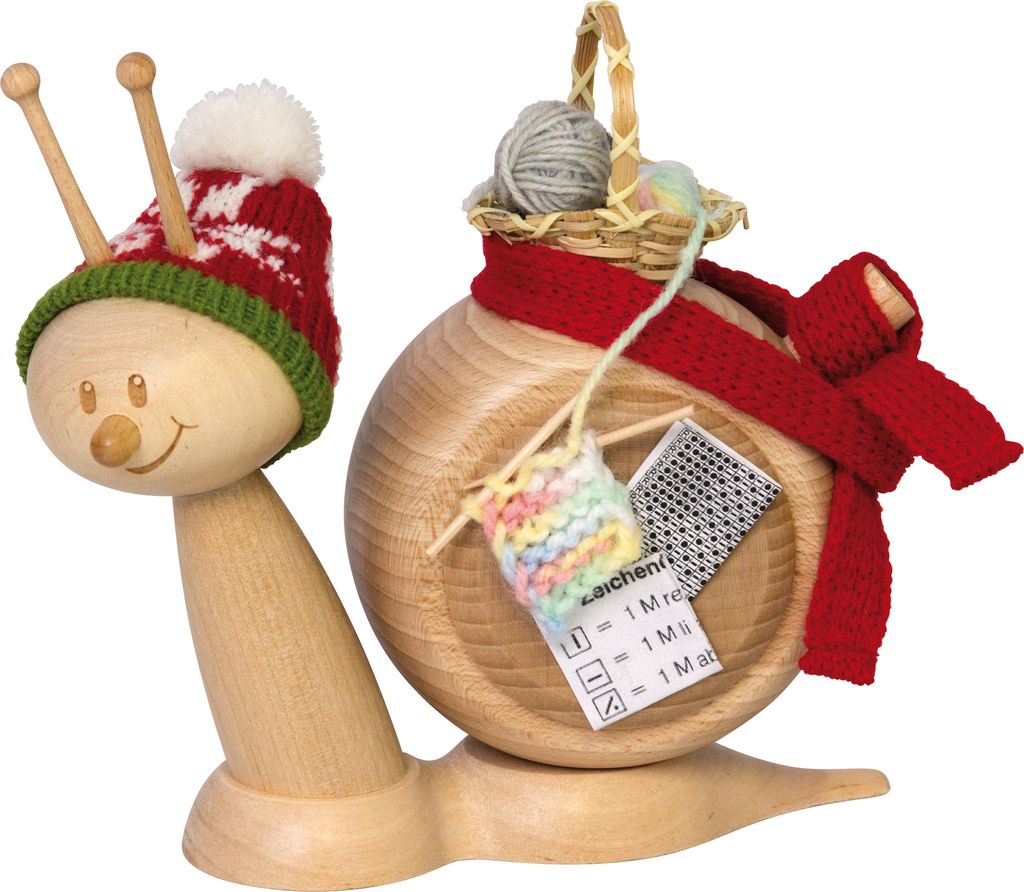 Drechslerei Kuhnert - Räucherfigur Sunny Schnecke mit Strickzeug - Größe ca. 16cm, für Räucherkerzen Größe M (Standard) - 37119