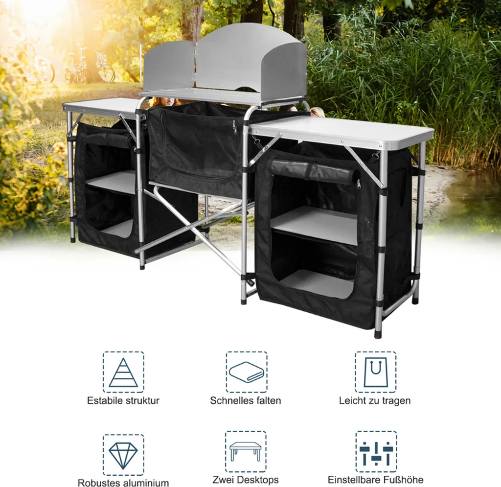 Cuisine de Camping Stable avec Paravent Anti-Vent et Armoire de Stockage