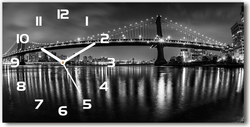 Wanduhr aus Glas – 60x30 cm - Glasbild - Glasuhr - Gehärtetes Glas - weisse-zeiger - Manhattan bei Nacht
