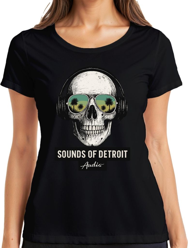 Sounds of Detroit Audio Totenkopf Kopfhörer Techno DJ Retro Club Damen T-Shirt, Schwarz, XXL