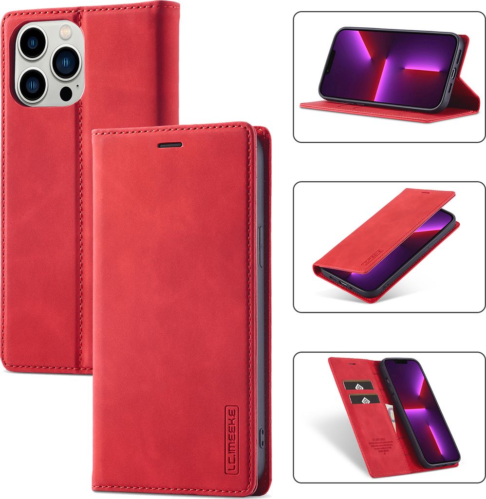 iPhone 13 Pro Hülle, Standfunktion Kartenfach Wallet Leder Schutzhülle für iPhone 13 Pro Rot
