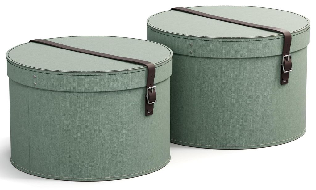 Set aus 2 Aufbewahrungsboxen mit Deckel – runde Aufbewahrungsboxen mit Lederriemen – große und kleine Hutschachteln aus Faserplatte und Papier...