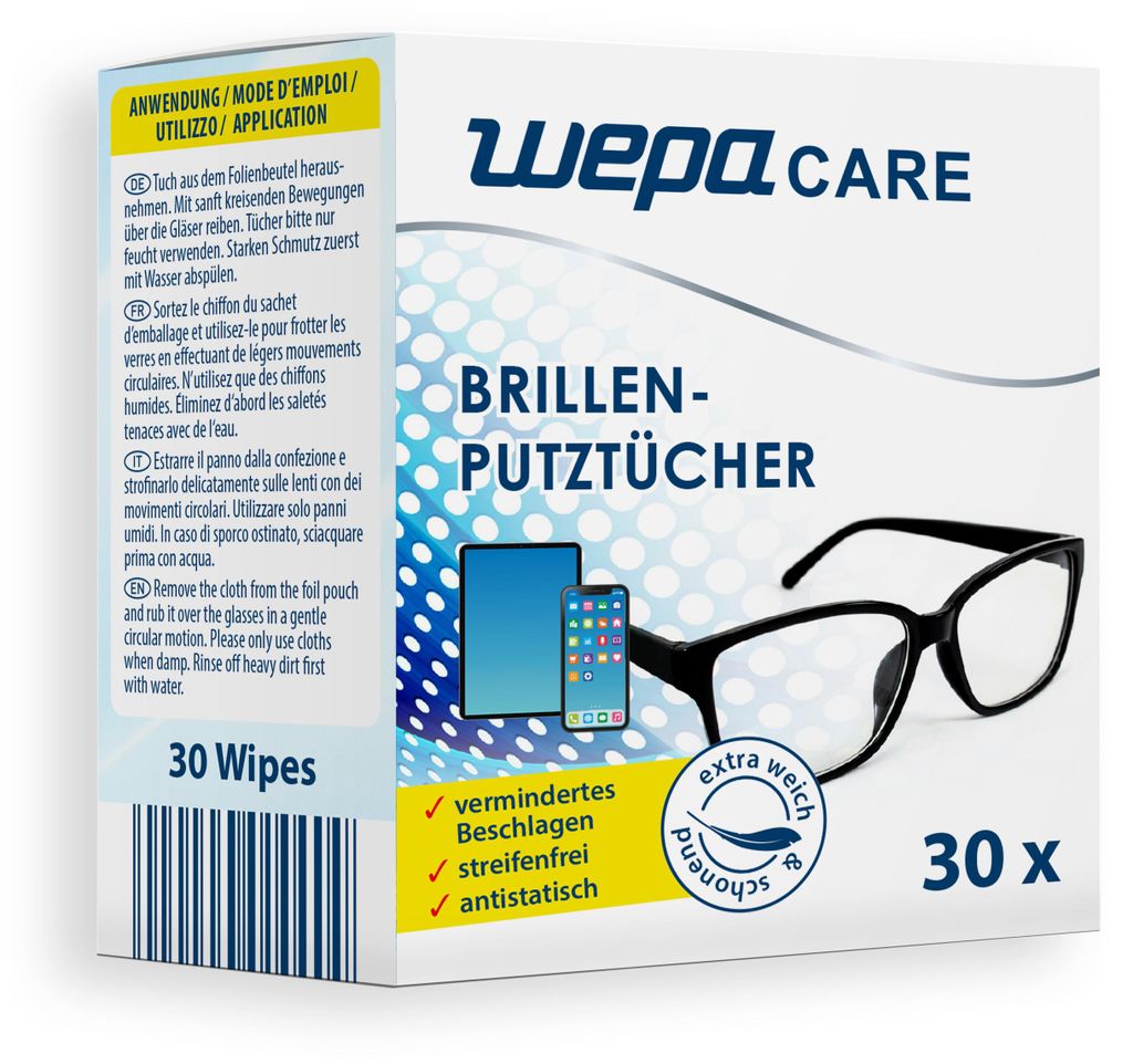 30 WEPA Brillen Reinigungstücher Brillentücher Putztücher Produktbild 