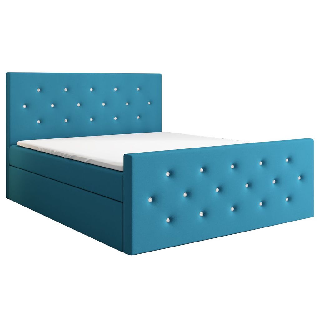 Boxspringbett REINN 160 x 200 mit 2 Bettkästen, Bonell-Matratze und Topper. Farbe: Blau