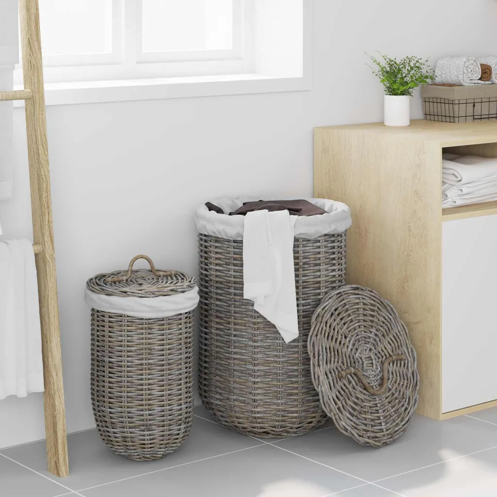 Panier à Linge en Rotin Gris Kubu vidaXL Tressé à la Main - Set de 2 Unités