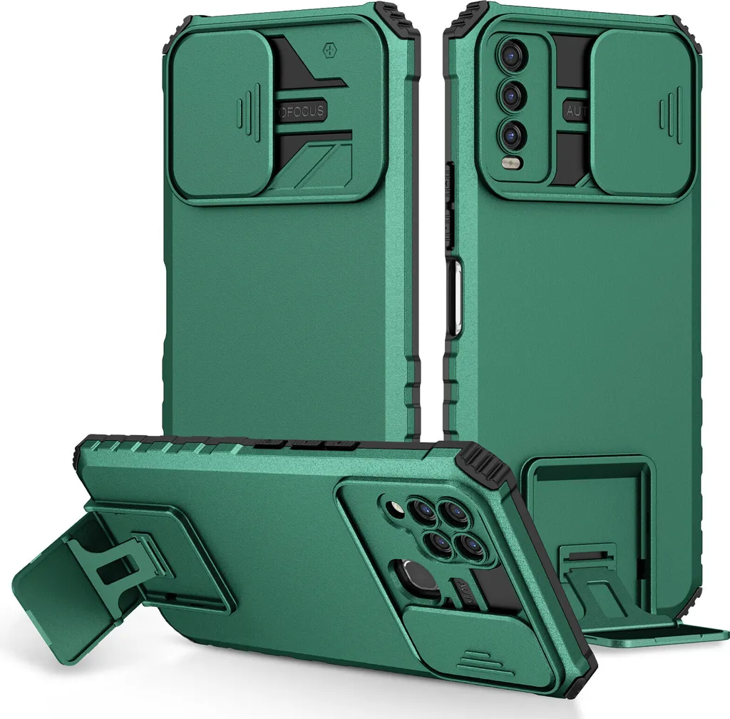 Custodia per VIVO Y20 a doppio strato, robusta e militare, con supporto e protezione scorrevole della fotocamera verde