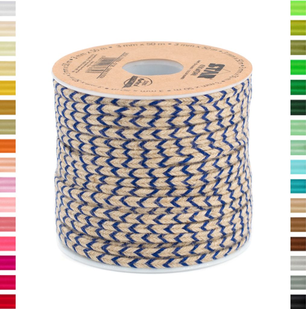 Natur Jutekordel 3mm, 50 Meter, Fischgrat Streifen, Farbe:blau