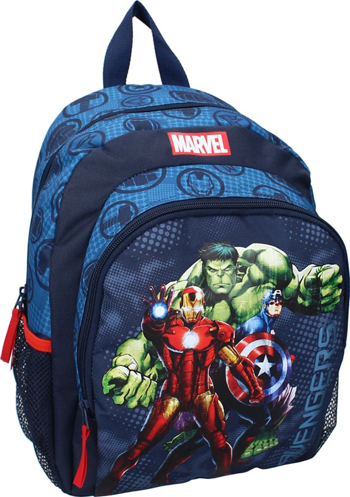 A blue Marvel Avengers backpack with characters printed on the front.