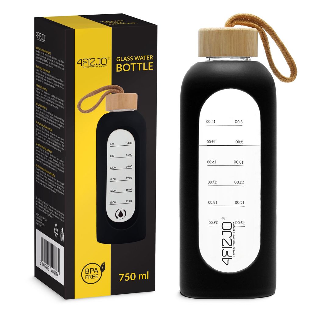 4FIZJO Glas Trinkflasche 750 ml, Sportflasche, Borosilikat, Bambusdeckel, Silikonhülle, schwarz