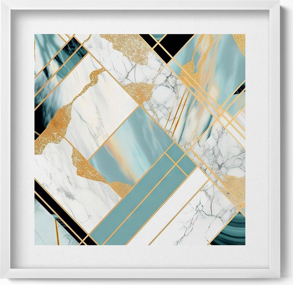 Geometrische Abstraktion mit Gold– Wandbild mit Rahmen – Gerahmtes Bild – Wanddekoration – 50x50 cm – Weiß Rahmen