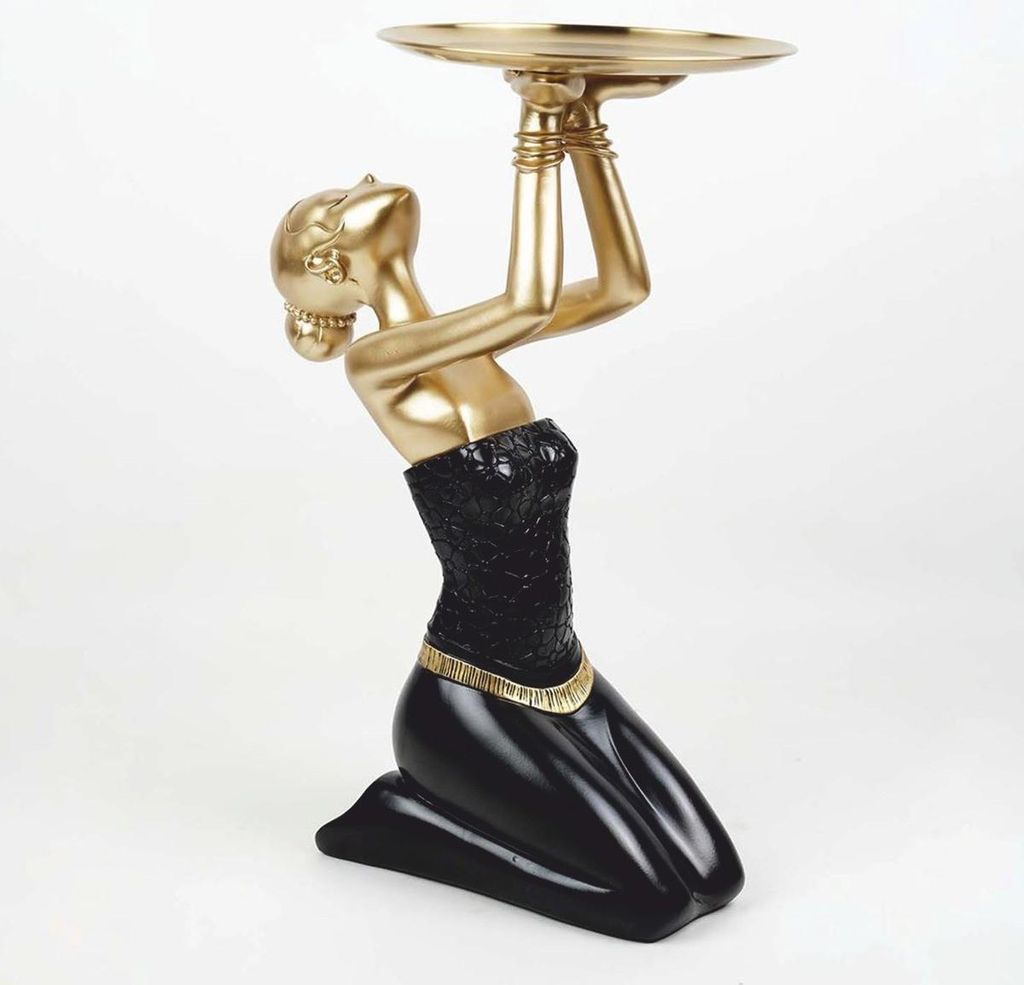 Casa Padrino Deko Figur Dame mit Tablett Schwarz / Gold H. 66 cm - Deko Skulptur